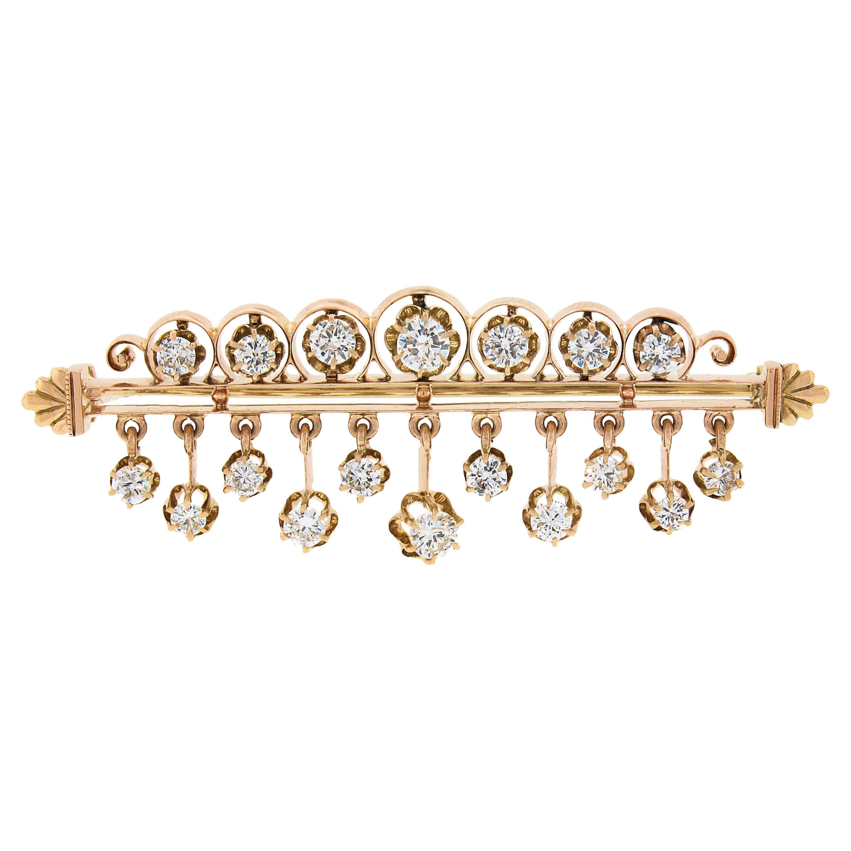 Vintage Victorian Revival 18k Rosy Gold 3.26ctw Round Diamond Dangle Pin Brooch For Sale