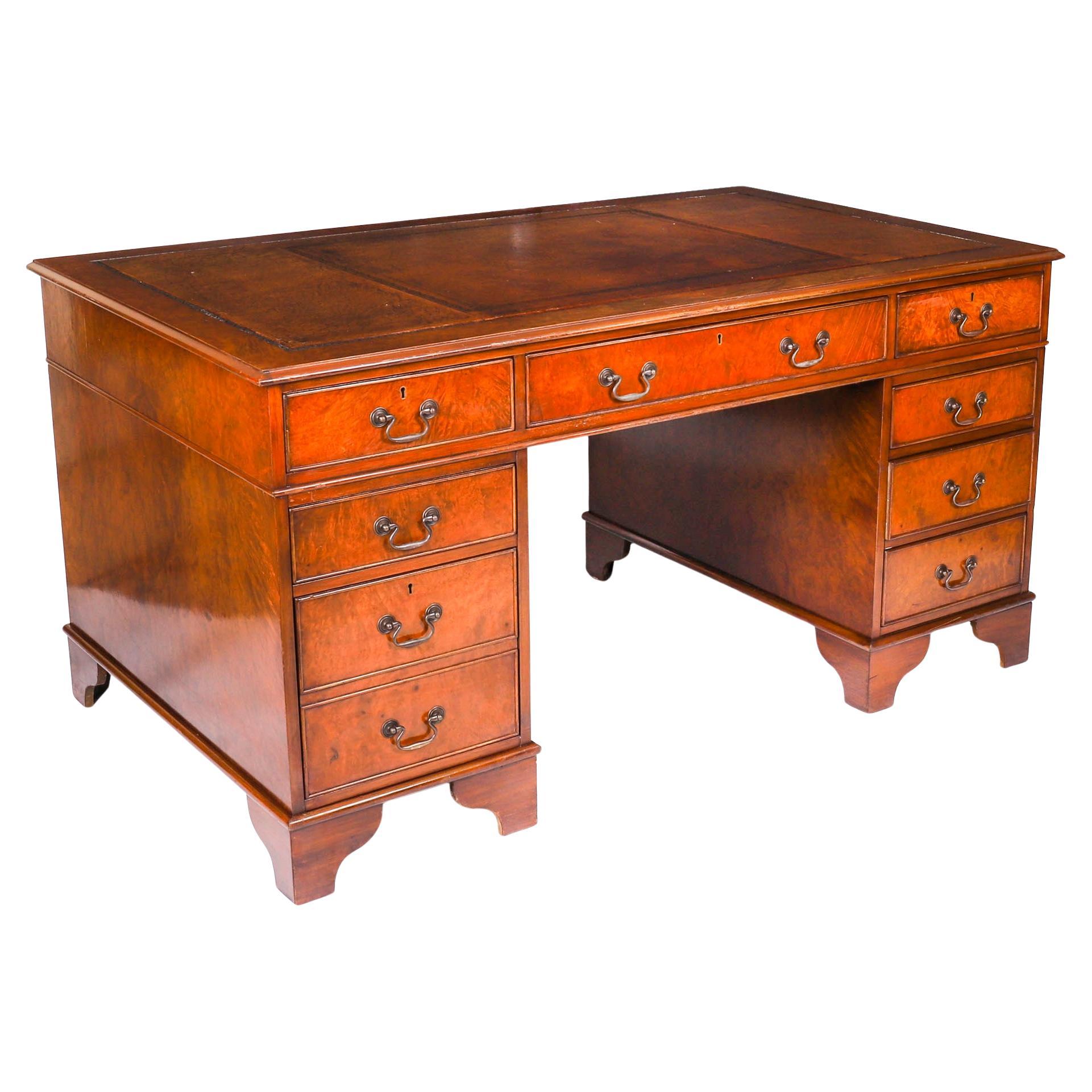 Vintage Victorian Revival 5ft Burr Walnut Pedestal Desk 20th Century