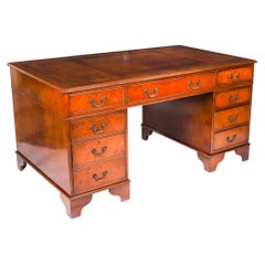 Vintage Victorian Revival 5ft Burr Walnut Pedestal Desk 20th Century