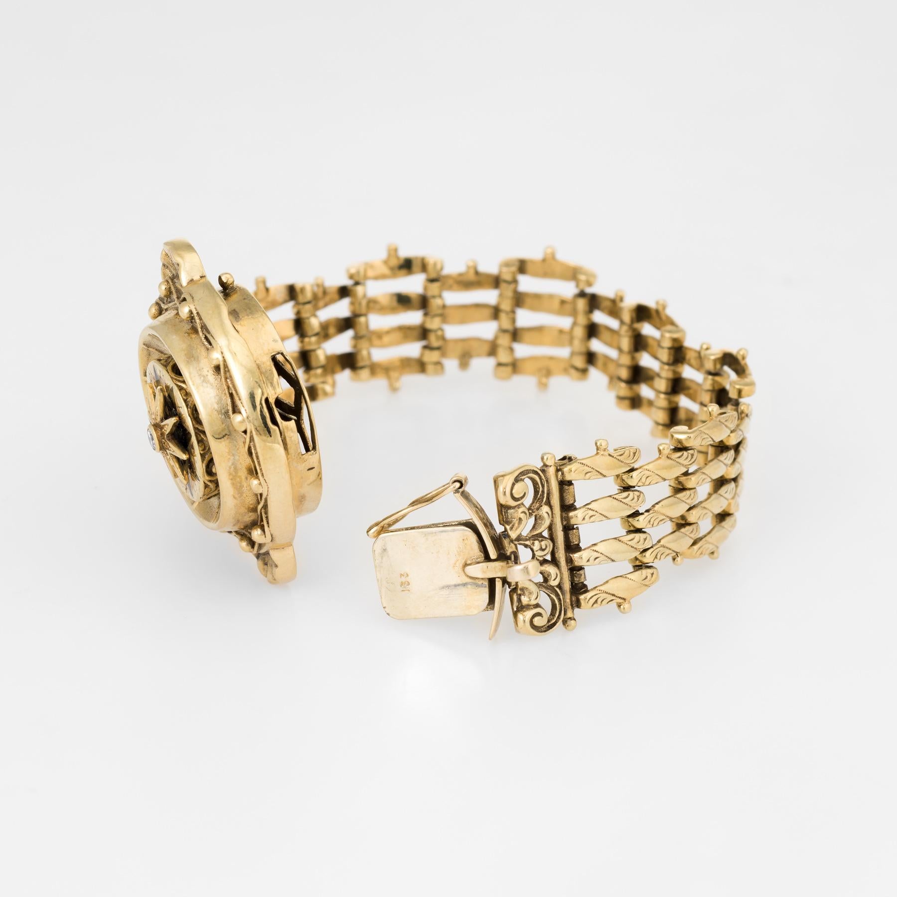Finely detailed vintage Victorian revival bracelet (circa 1950s to 1960s), crafted in 14 karat yellow gold. 

One estimated 0.07 carat round brilliant cut diamond is set into the mount (estimated at I-J color and SI2 clarity). The star mount