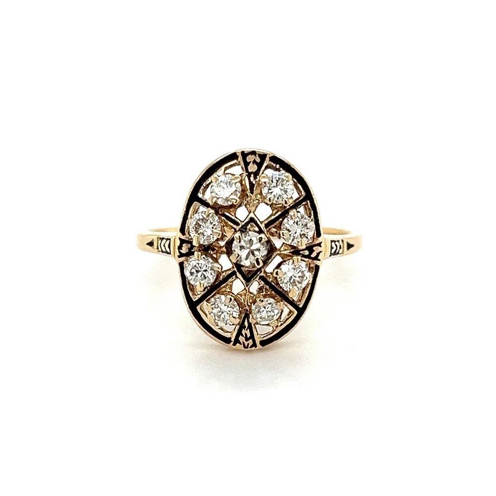 Modernist Vintage Victorian Revival Diamond and Black Enamel Gold Cluster Ring For Sale