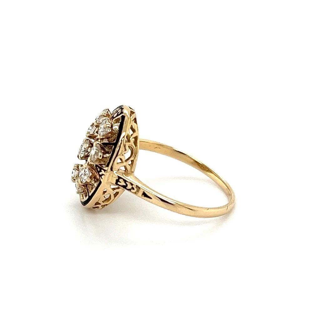 Vintage Victorian Revival Diamond and Black Enamel Gold Cluster Ring In Excellent Condition For Sale In Montreal, QC