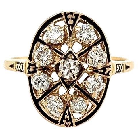 Vintage Victorian Revival Diamond and Black Enamel Gold Cluster Ring For Sale
