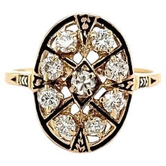 Gold-Cluster-Ring im viktorianischen Revival-Stil mit Diamant und schwarzer Emaille