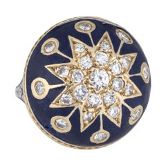 Vintage Victorian Revival Diamond Ring 14 Karat Gold Blue Enamel Round Dome
