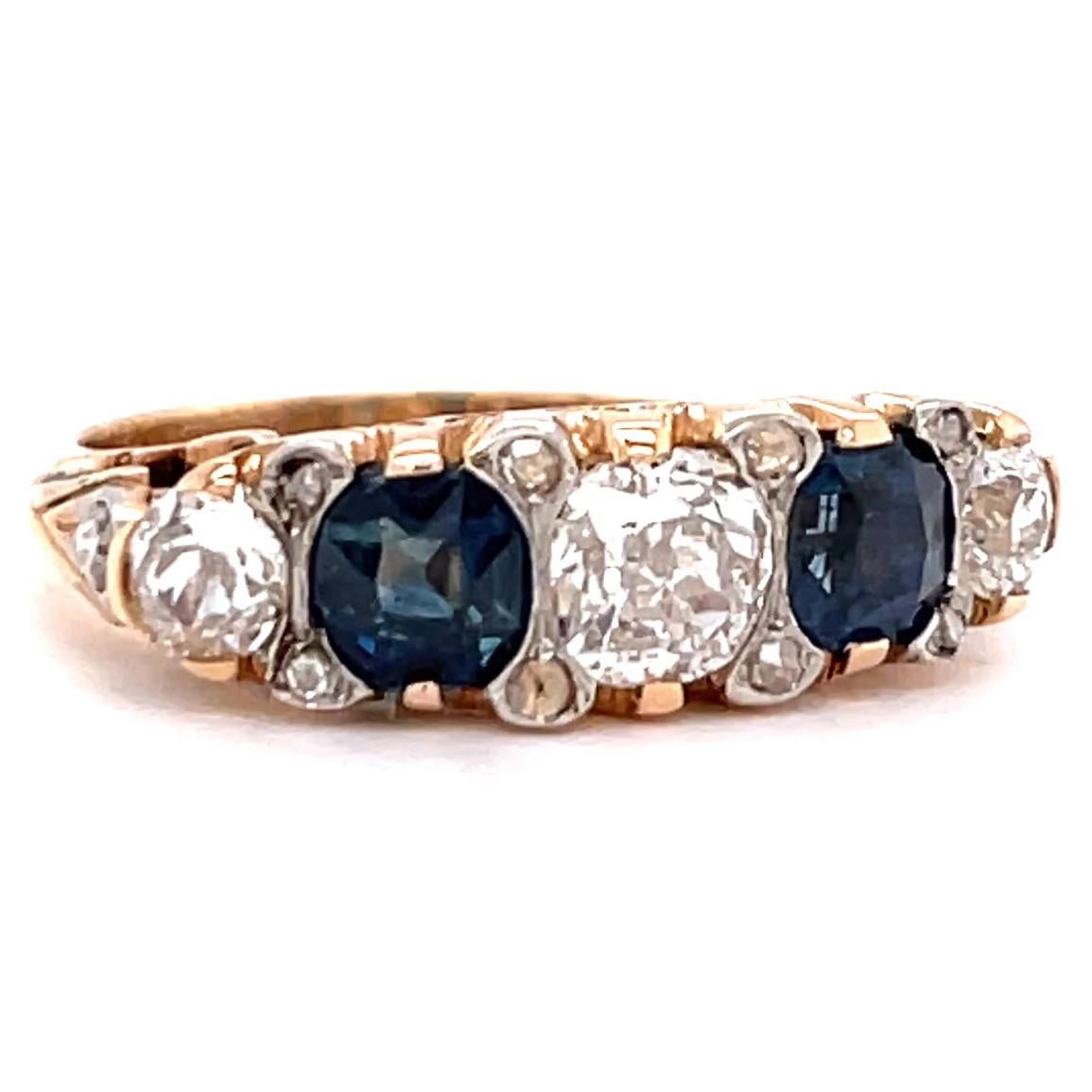 Vintage Victorian Revival Diamond Sapphire Five Stone Gold Ring In Excellent Condition In Beverly Hills, CA
