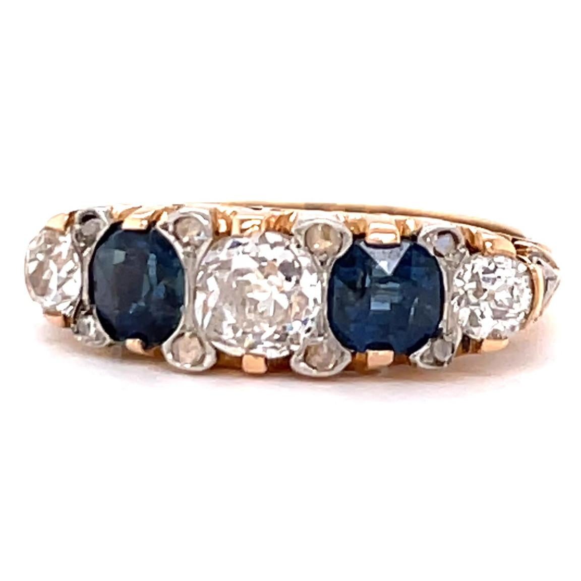 Women's or Men's Vintage Victorian Revival Diamond Sapphire Five Stone Gold Ring