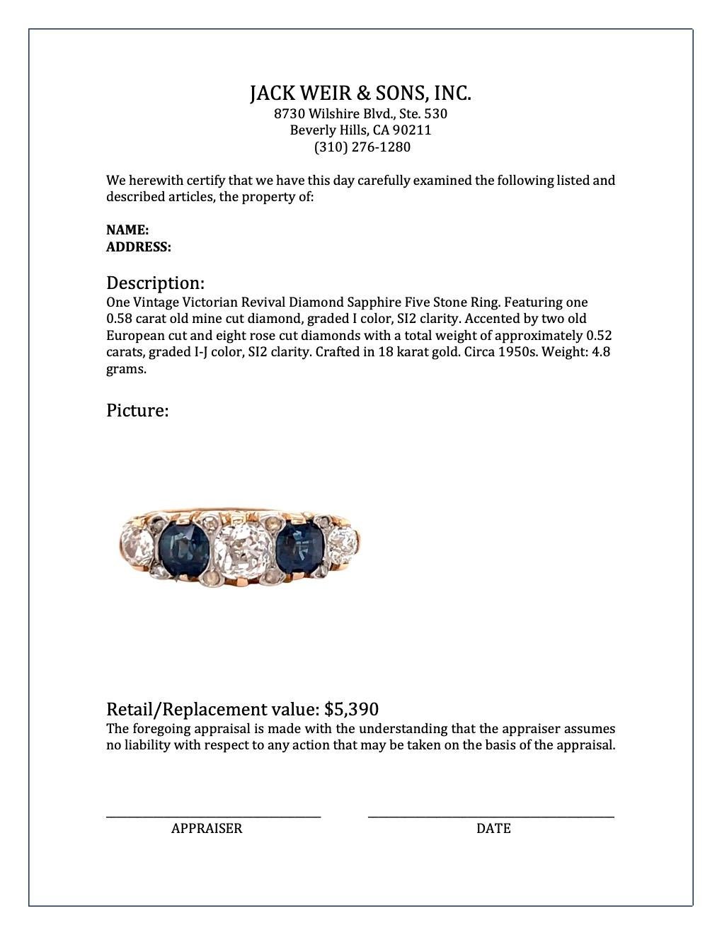 Vintage Victorian Revival Diamond Sapphire Five Stone Gold Ring 2