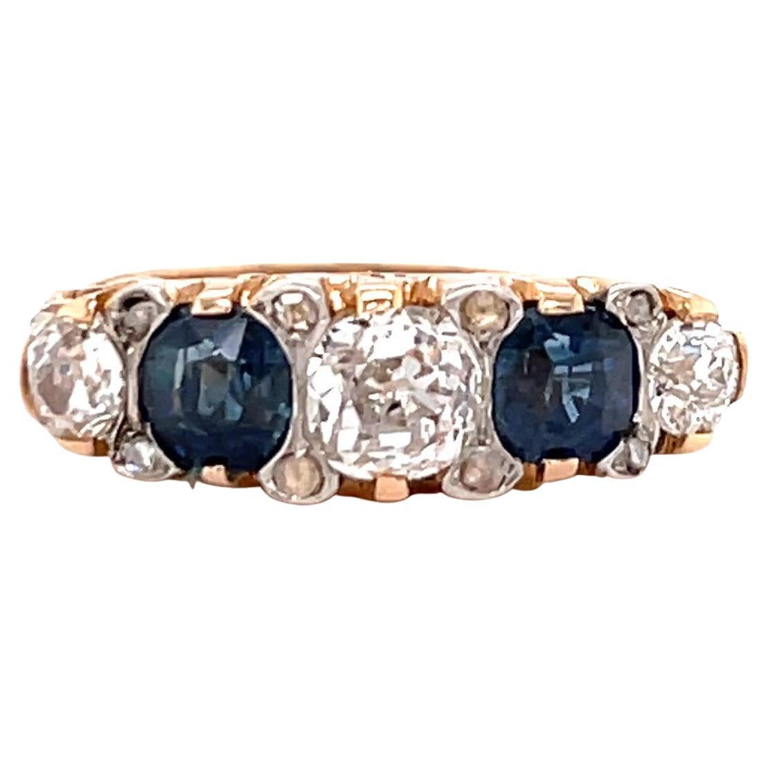 Vintage Victorian Revival Diamond Sapphire Five Stone Gold Ring