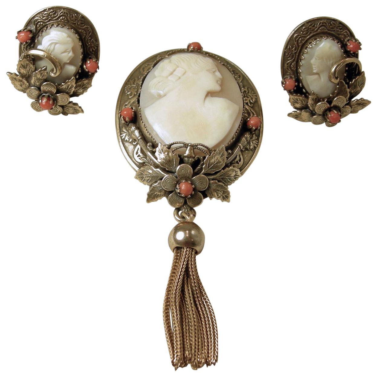 Vintage Victorian Revival Faux Cameo & Coral Brooch Set For Sale