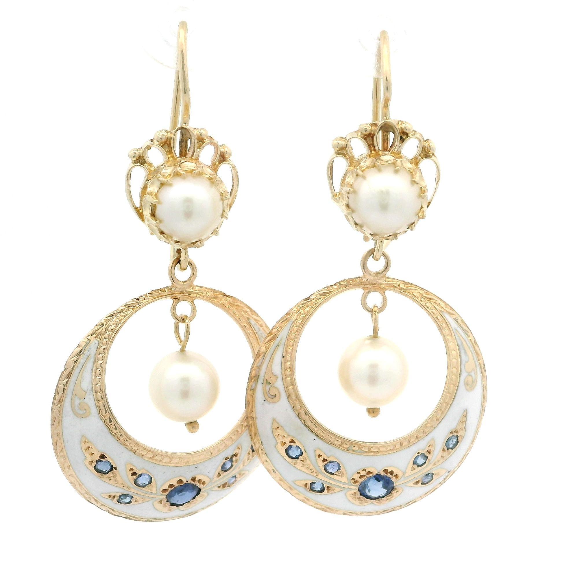 --Stone(s):--
(4) Genuine Cultured Pearls - Round Shape - Wire & Prong Set - Creamy White Color - 6.3mm each (approx.)
(14) Natural Genuine Sapphires - Old Round Cut - Pave Set - Nice Blue Color

Material:  14k Yellow Gold - White Enamel
Weight: