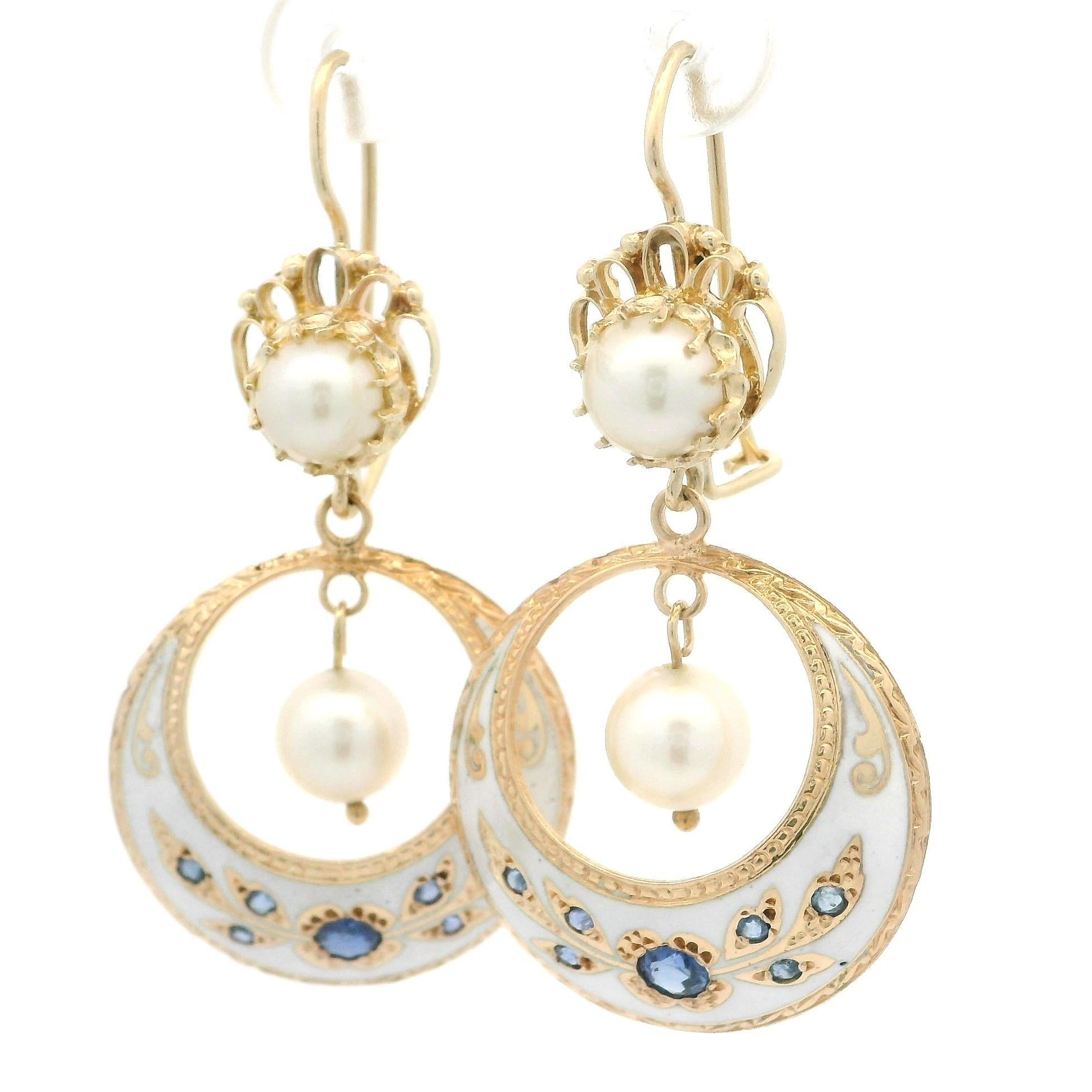 Round Cut Vintage Victorian Revival Gold Pearl Sapphire Enamel Work Dangle Drop Earrings
