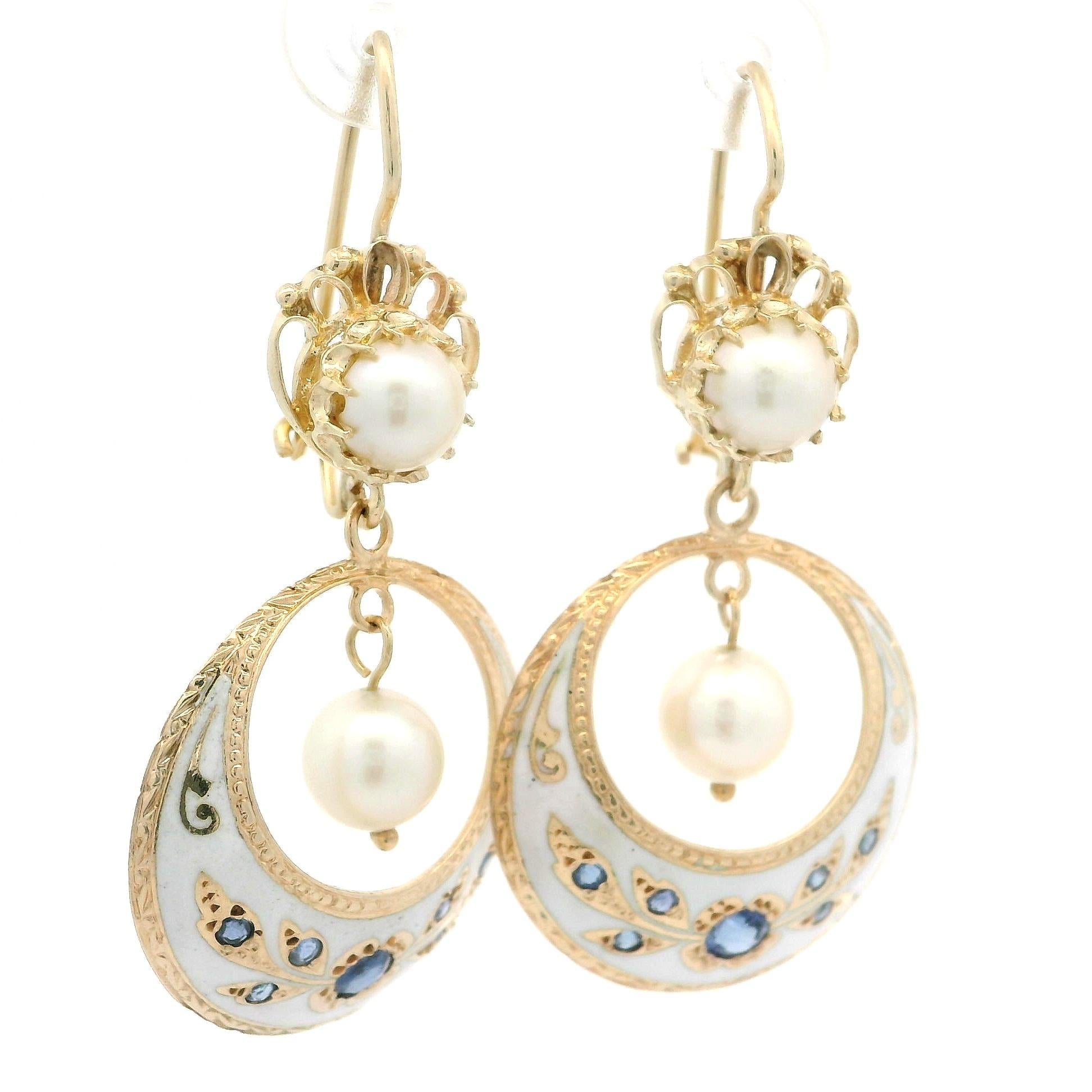 Vintage Victorian Revival Gold Pearl Sapphire Enamel Work Dangle Drop Earrings In Good Condition In Montclair, NJ
