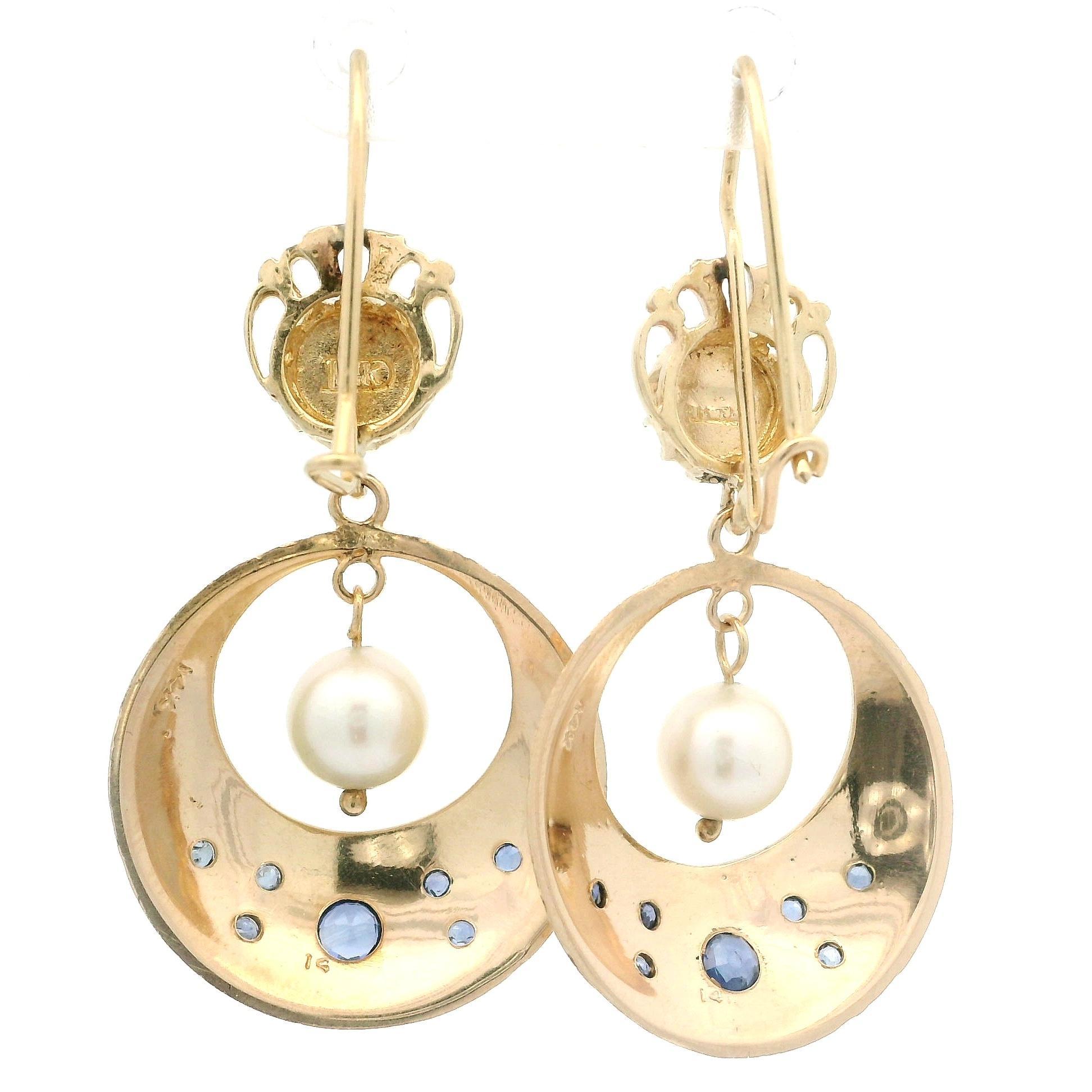Women's Vintage Victorian Revival Gold Pearl Sapphire Enamel Work Dangle Drop Earrings