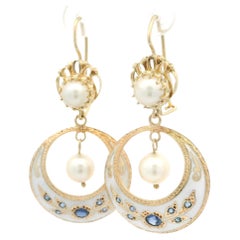 Vintage Victorian Revival Gold Pearl Sapphire Enamel Work Dangle Drop Earrings