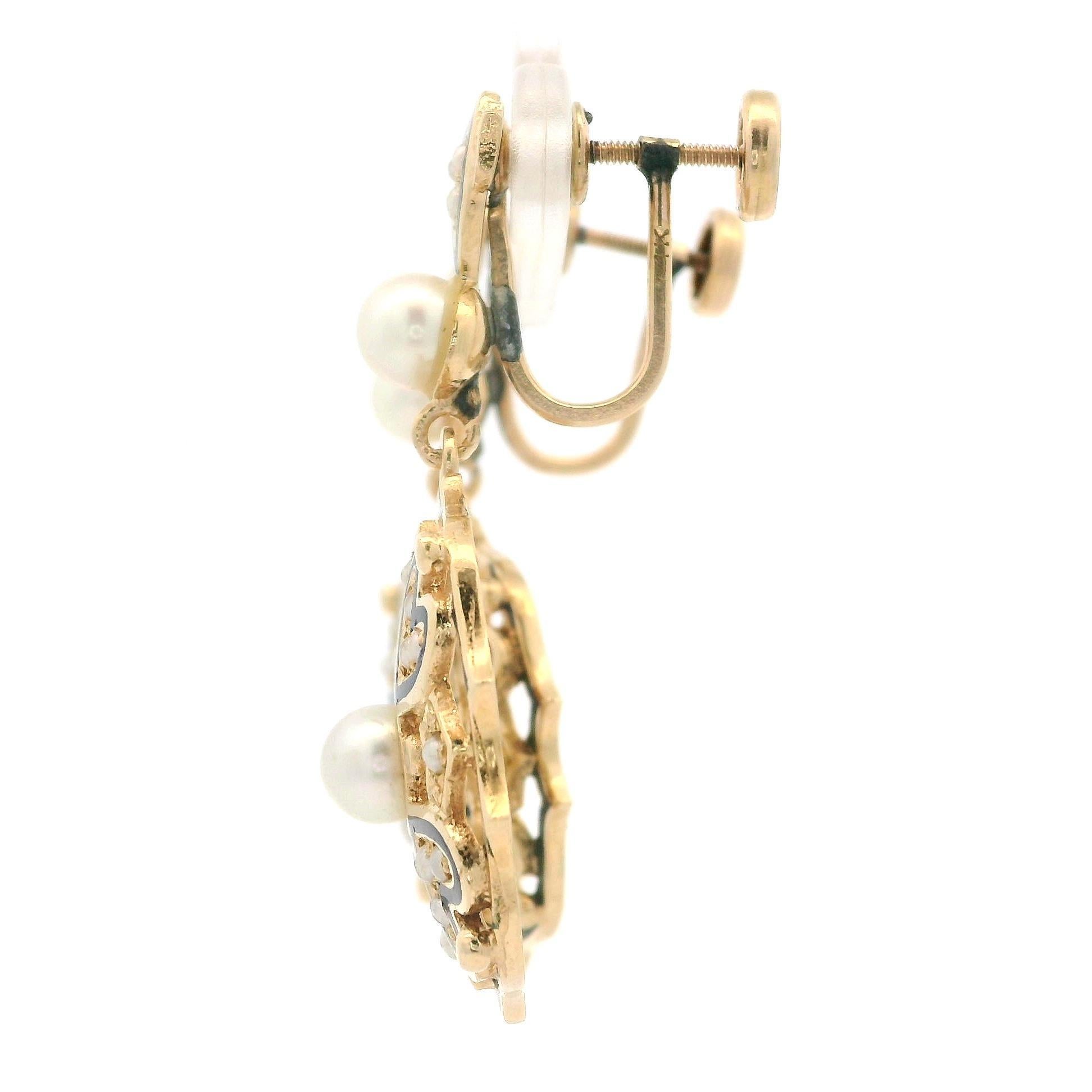 De las mujeres Pendientes de rosca vintage de oro macizo con perla y esmalte azul en venta