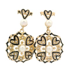 Pendientes de rosca vintage de oro macizo con perla y esmalte azul
