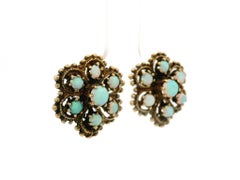 Vintage Victorian Revival Solid Yellow Gold Opal Cluster Flower Stud Earrings