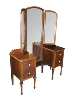 Vintage Victorian Revival Walnut Dressing Table Vanity Desk w Trifold Mirror 68"