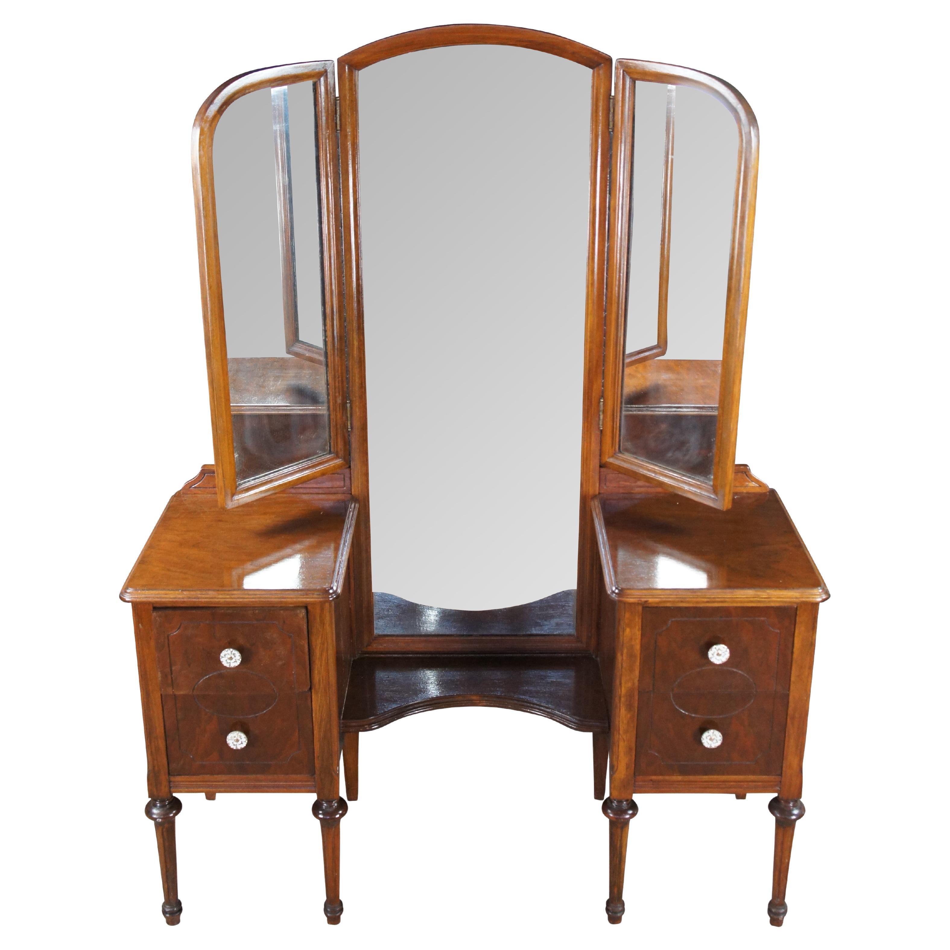 Vintage Victorian Revival Walnut Dressing Table Vanity Desk w Trifold Mirror 68"