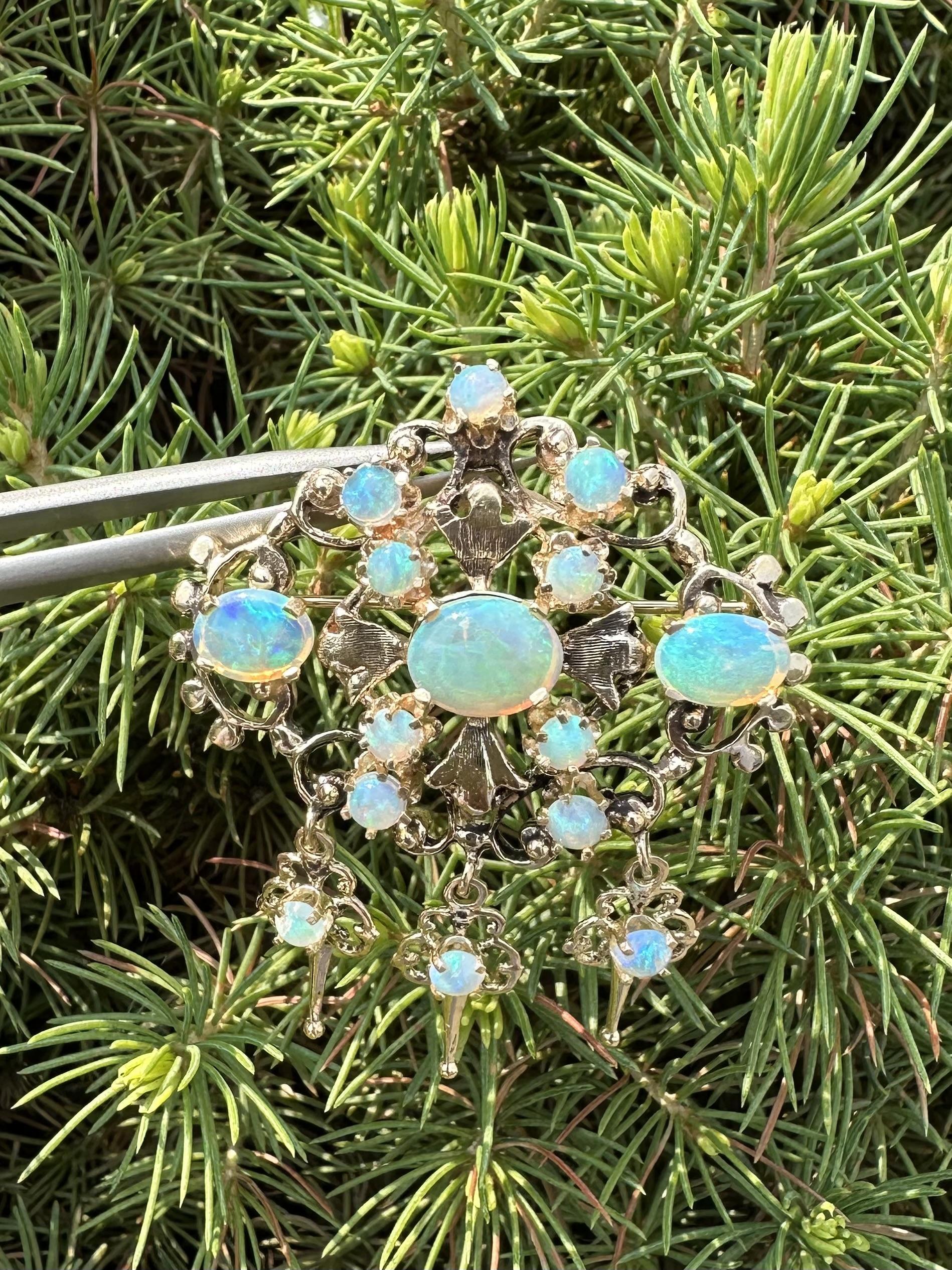 Vintage Victorian Revival Yellow Gold Cabochon Fiery Opal Dangle Brooch Pendant For Sale 6