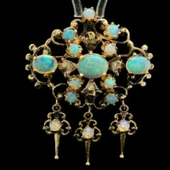 Vintage Victorian Revival Yellow Gold Cabochon Fiery Opal Dangle Brooch Pendant
