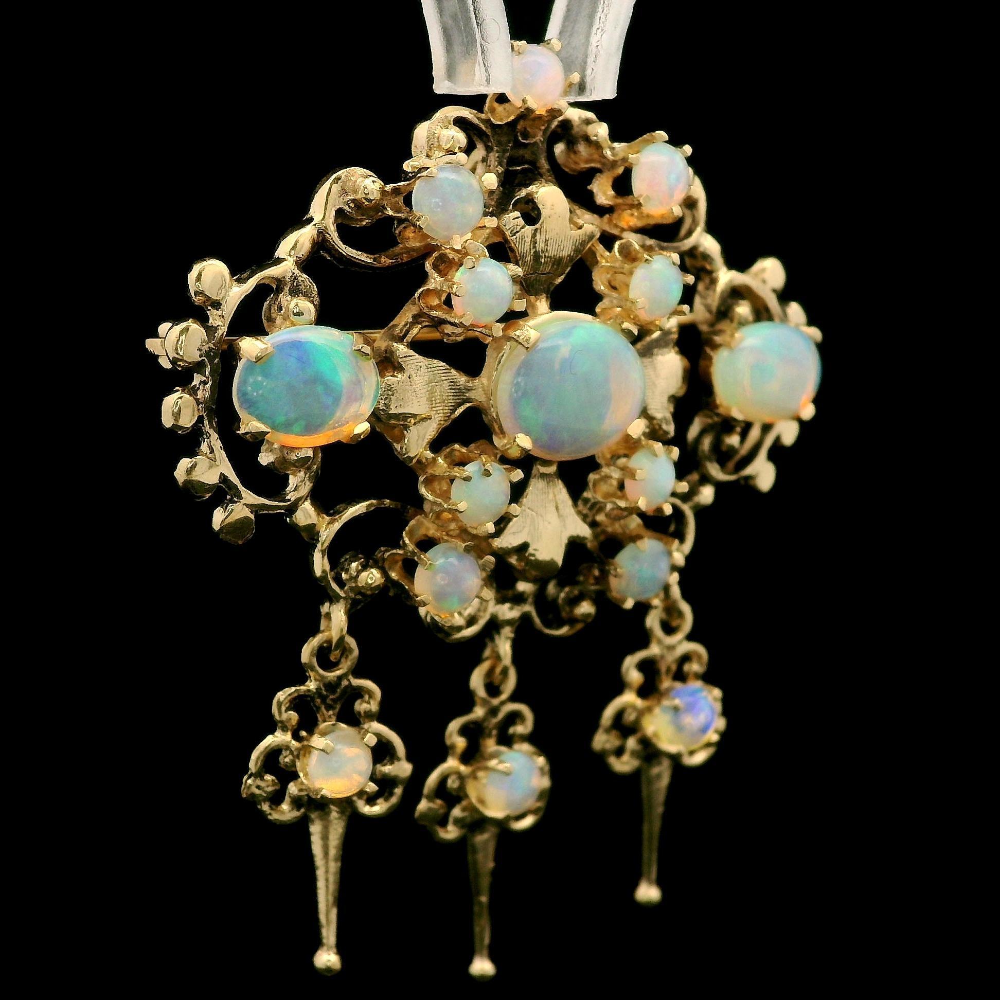 Vintage Victorian Revival Yellow Gold Cabochon Fiery Opal Dangle Brooch Pendant In Good Condition For Sale In Montclair, NJ