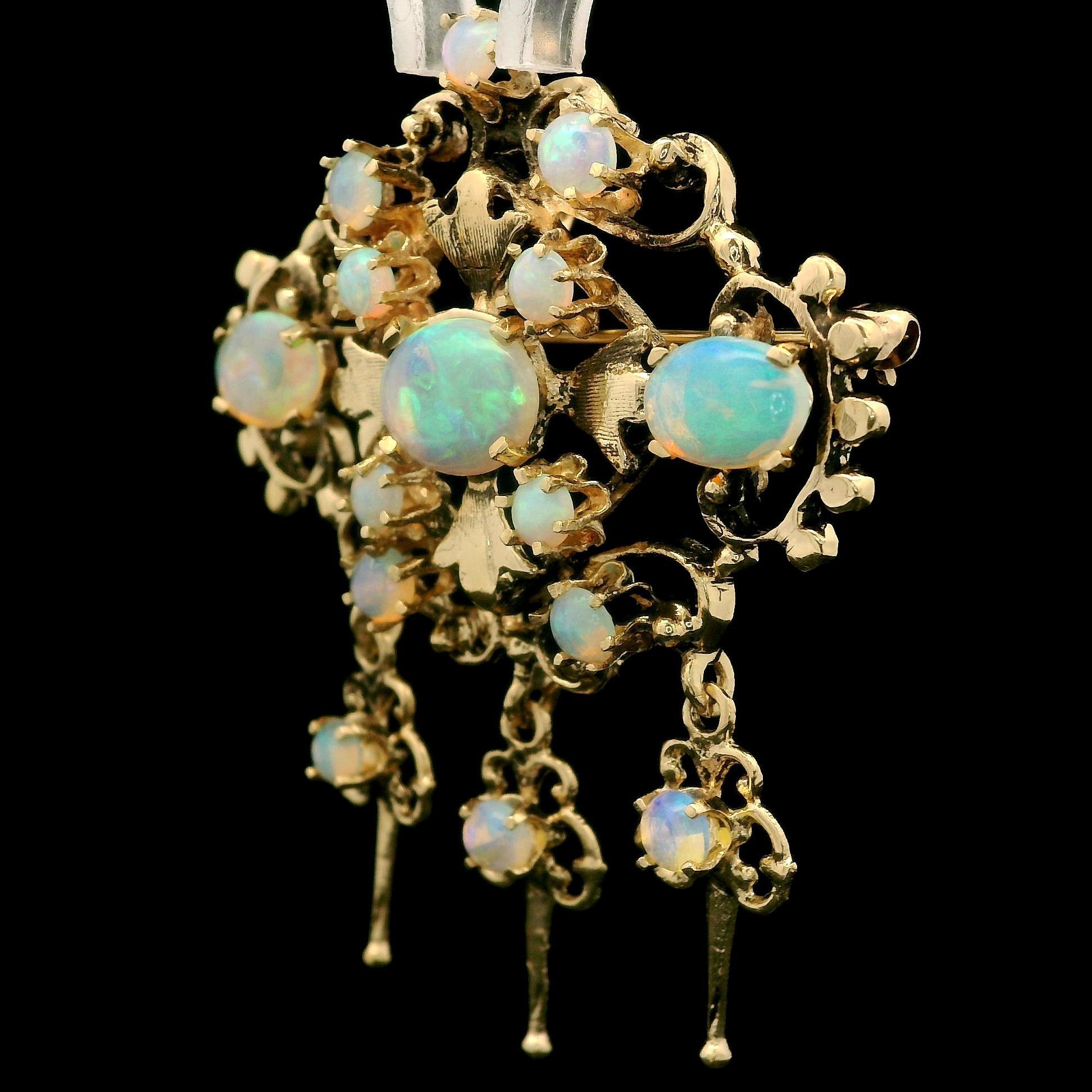 Women's Vintage Victorian Revival Yellow Gold Cabochon Fiery Opal Dangle Brooch Pendant For Sale