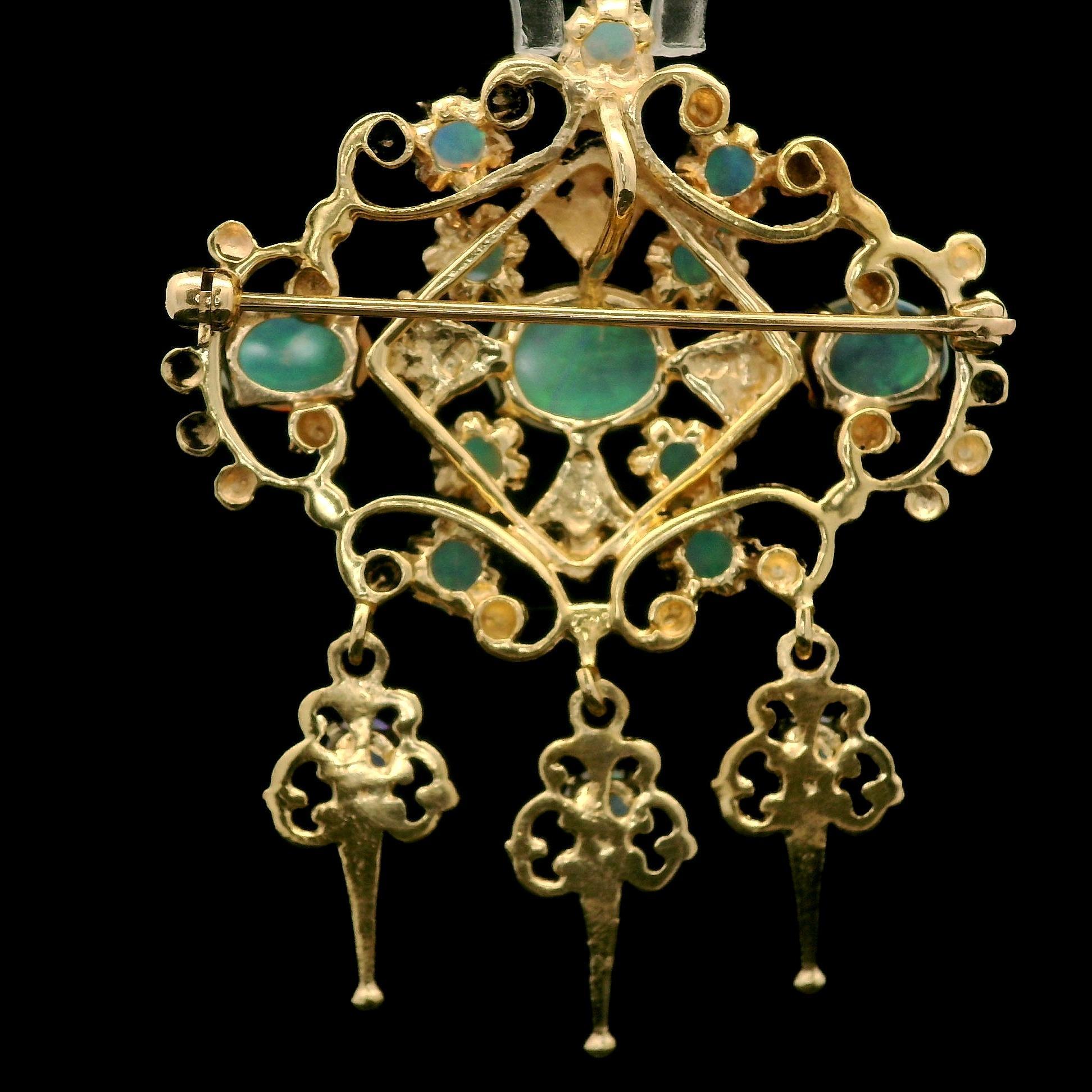 Vintage Victorian Revival Yellow Gold Cabochon Fiery Opal Dangle Brooch Pendant For Sale 1