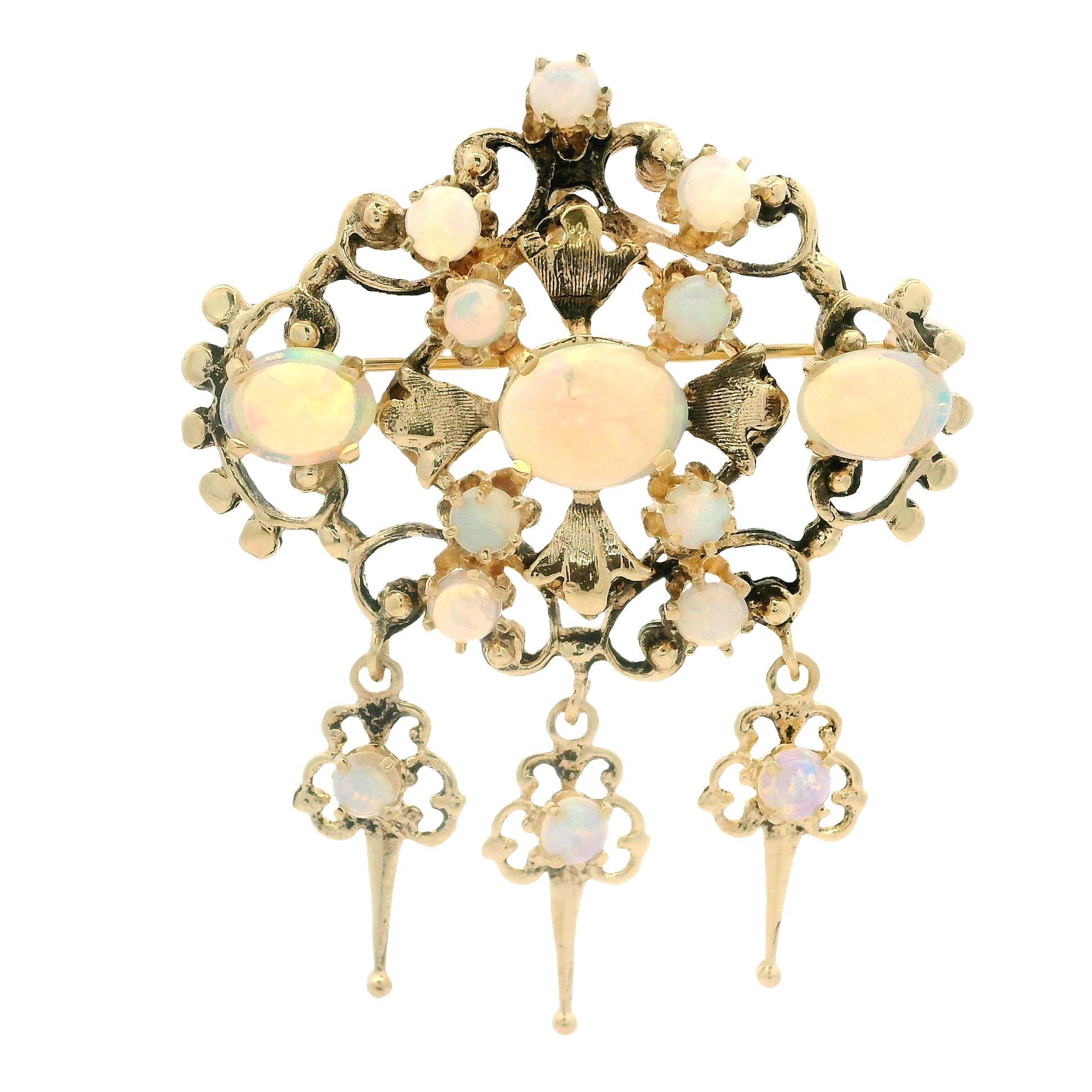 Vintage Victorian Revival Yellow Gold Cabochon Fiery Opal Dangle Brooch Pendant For Sale 3