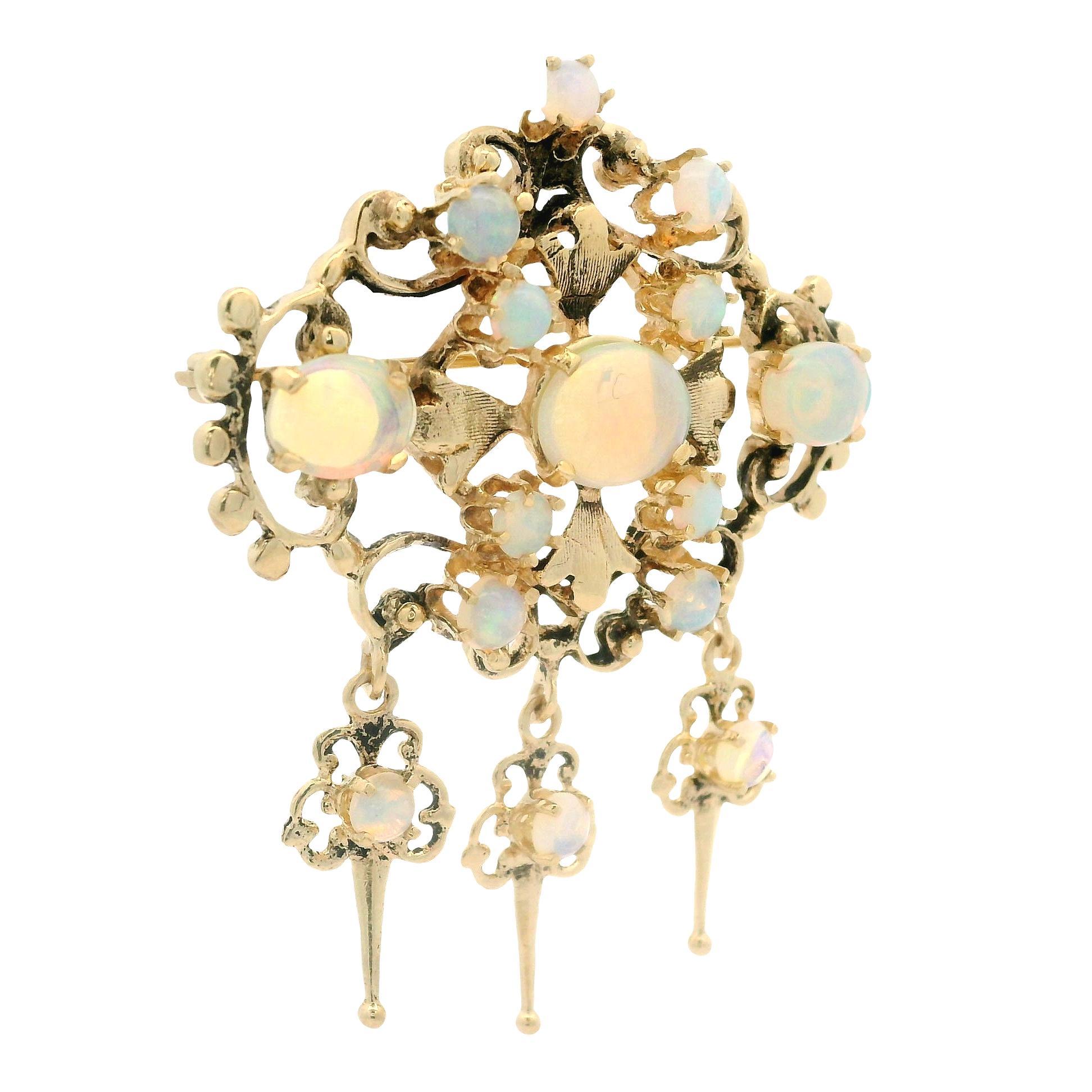 Vintage Victorian Revival Yellow Gold Cabochon Fiery Opal Dangle Brooch Pendant For Sale 4