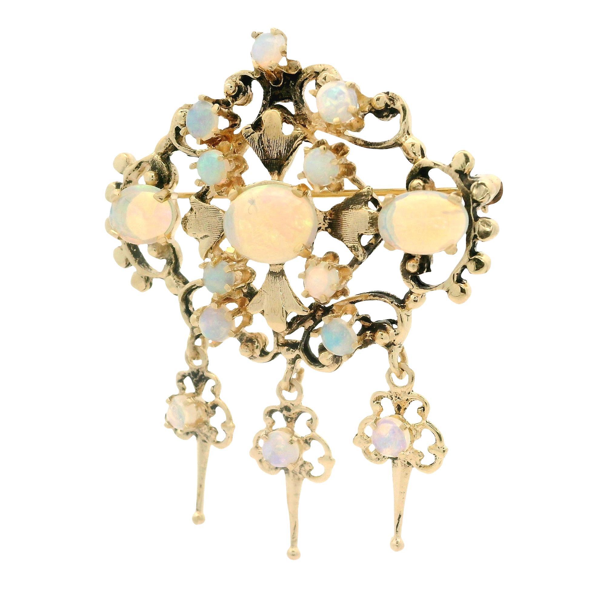 Vintage Victorian Revival Yellow Gold Cabochon Fiery Opal Dangle Brooch Pendant For Sale 5