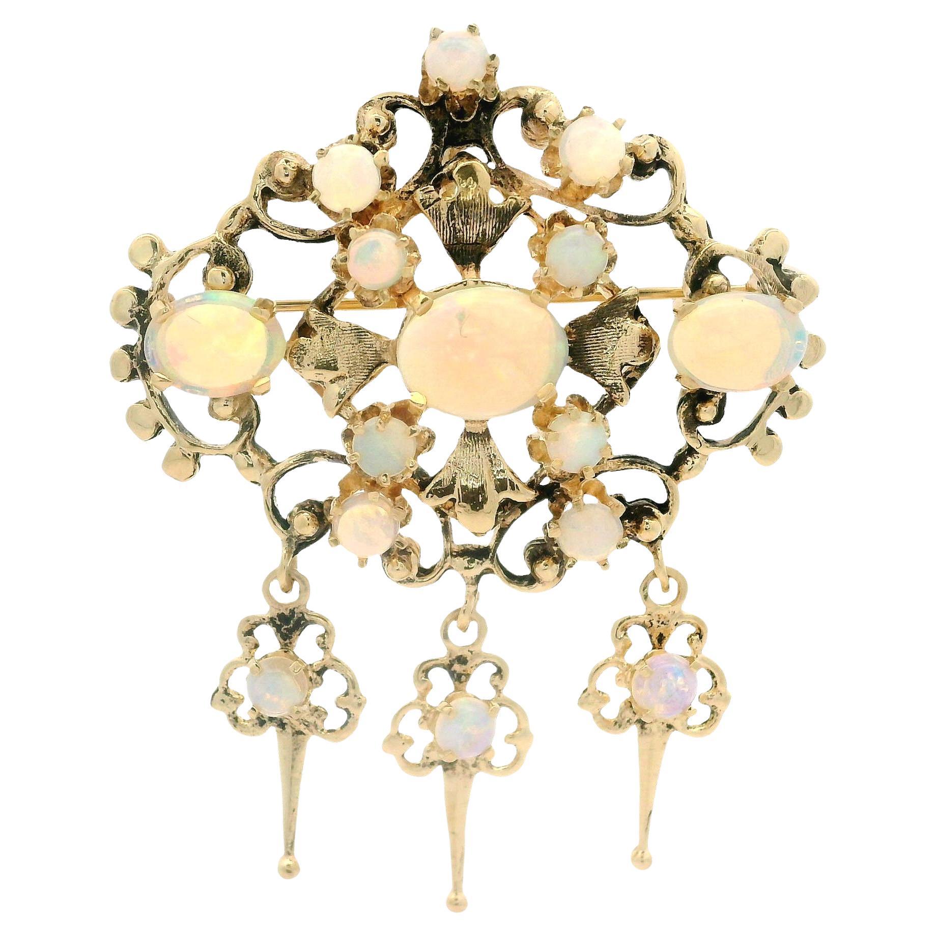 Vintage Victorian Revival Yellow Gold Cabochon Fiery Opal Dangle Brooch Pendant
