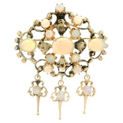 Vintage Victorian Revival Yellow Gold Cabochon Fiery Opal Dangle Brooch Pendant