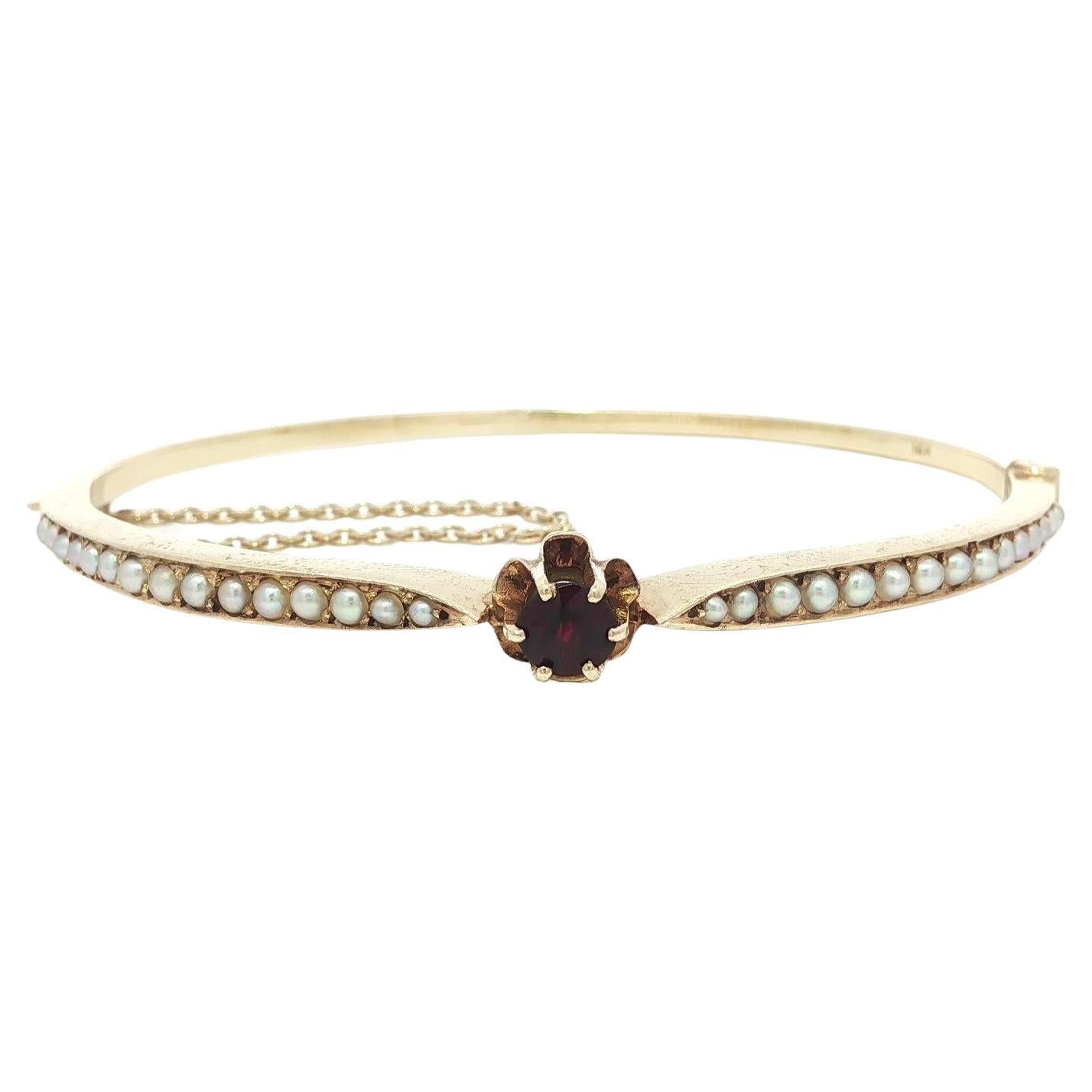 Vintage Victorian Revival Yellow Gold Garnet Seed Pearl Open Bangle Bracelet