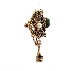 Vintage Victorian Revival Yellow Gold Jade & Pearl Dangle Pin Brooch