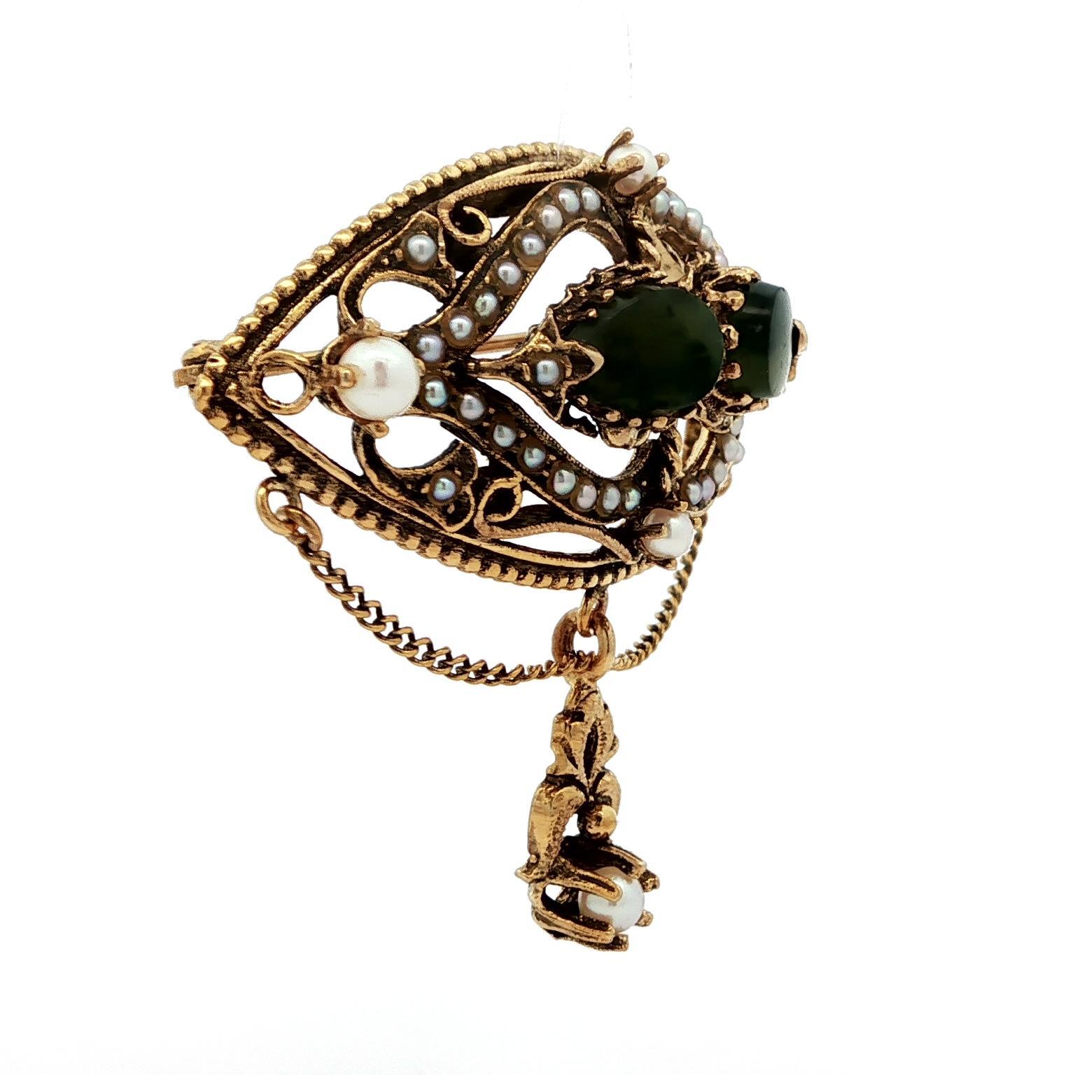 Cabochon Vintage Victorian Revival Yellow Gold Jade & Pearl Dangle Pin Brooch For Sale