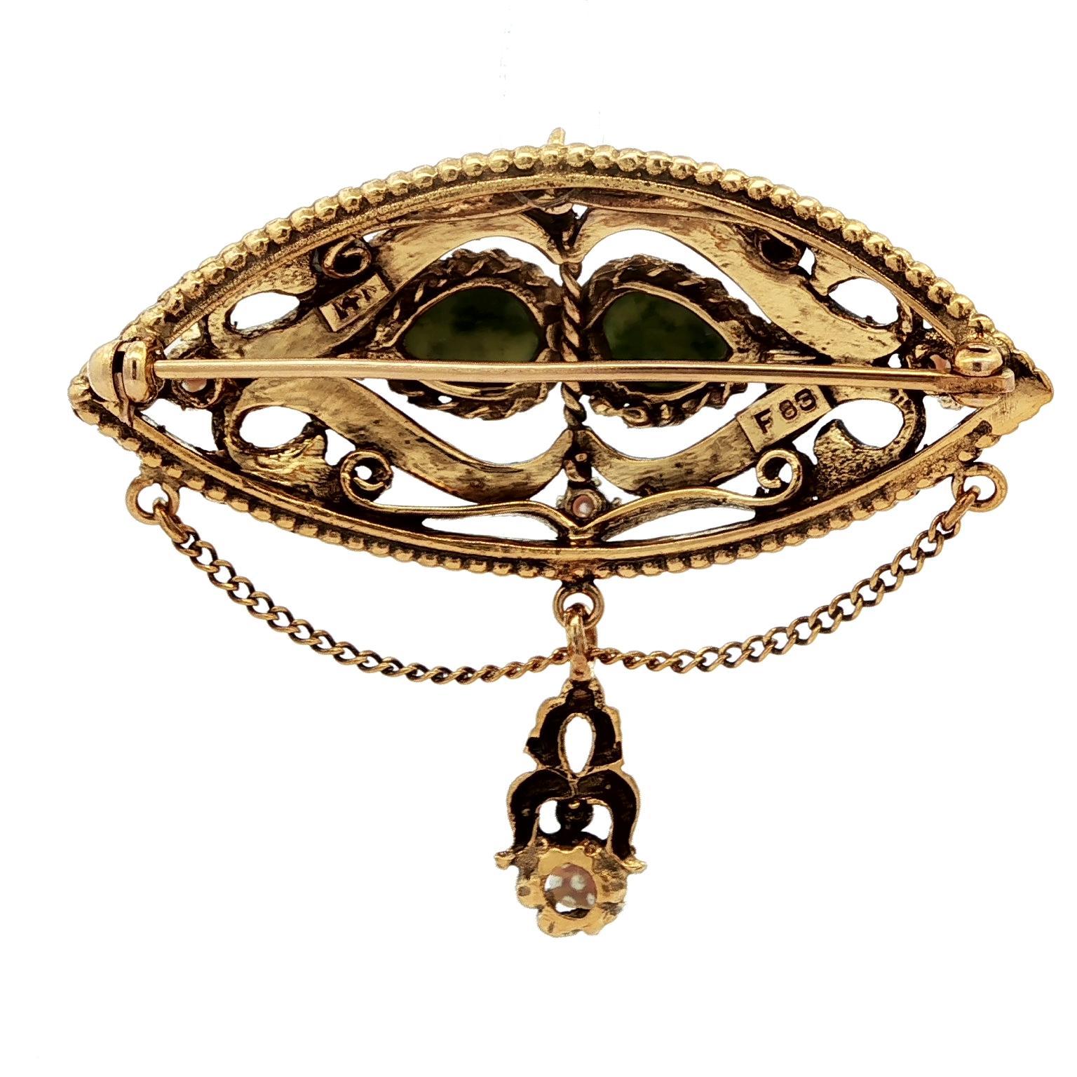 Women's Vintage Victorian Revival Yellow Gold Jade & Pearl Dangle Pin Brooch For Sale