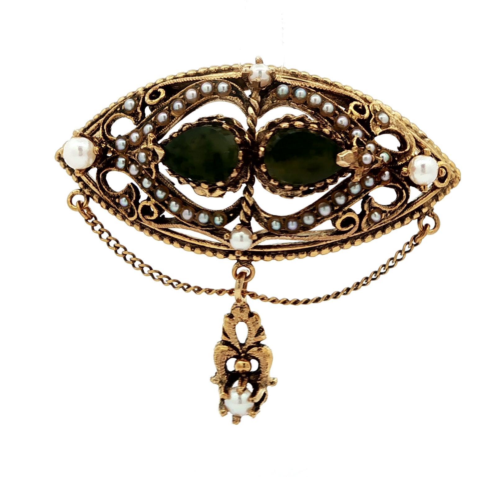 Vintage Victorian Revival Yellow Gold Jade & Pearl Dangle Pin Brooch For Sale 1