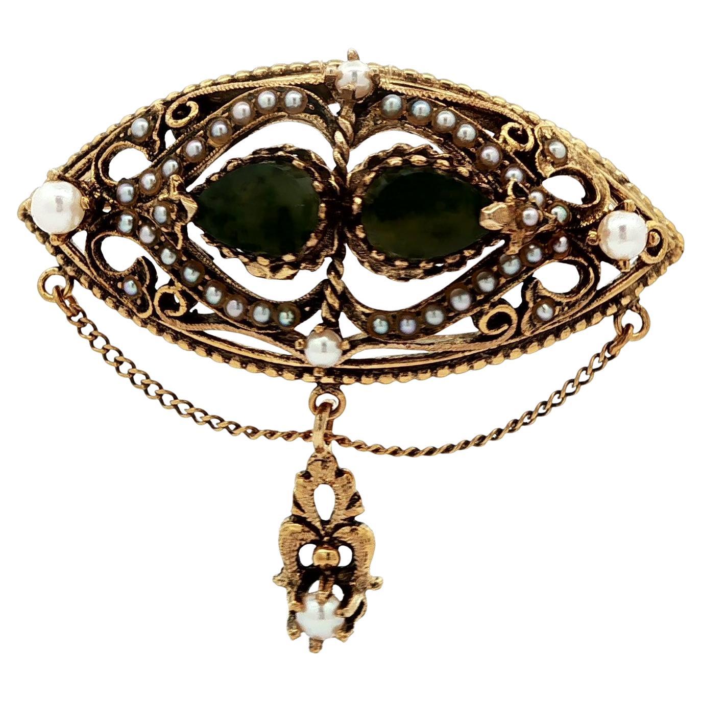 Vintage Victorian Revival Yellow Gold Jade 
Pearl Dangle Pin Brooch For Sale