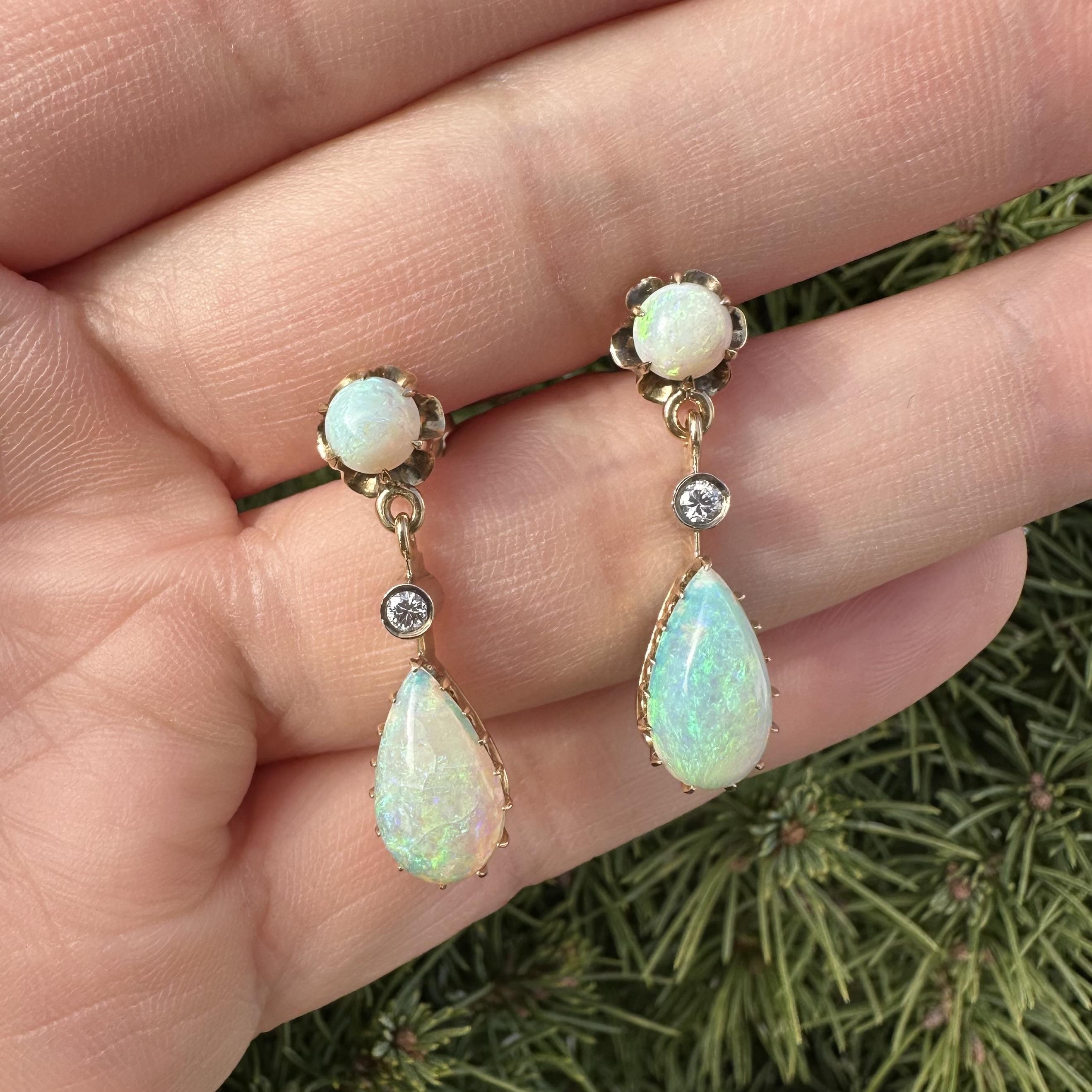 Vintage Victorian Revival Yellow Gold Pear Opal w/ Diamond Drop Dangle Earrings For Sale 5