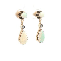 Vintage Victorian Revival Yellow Gold Pear Opal w/ Diamond Drop Dangle Earrings