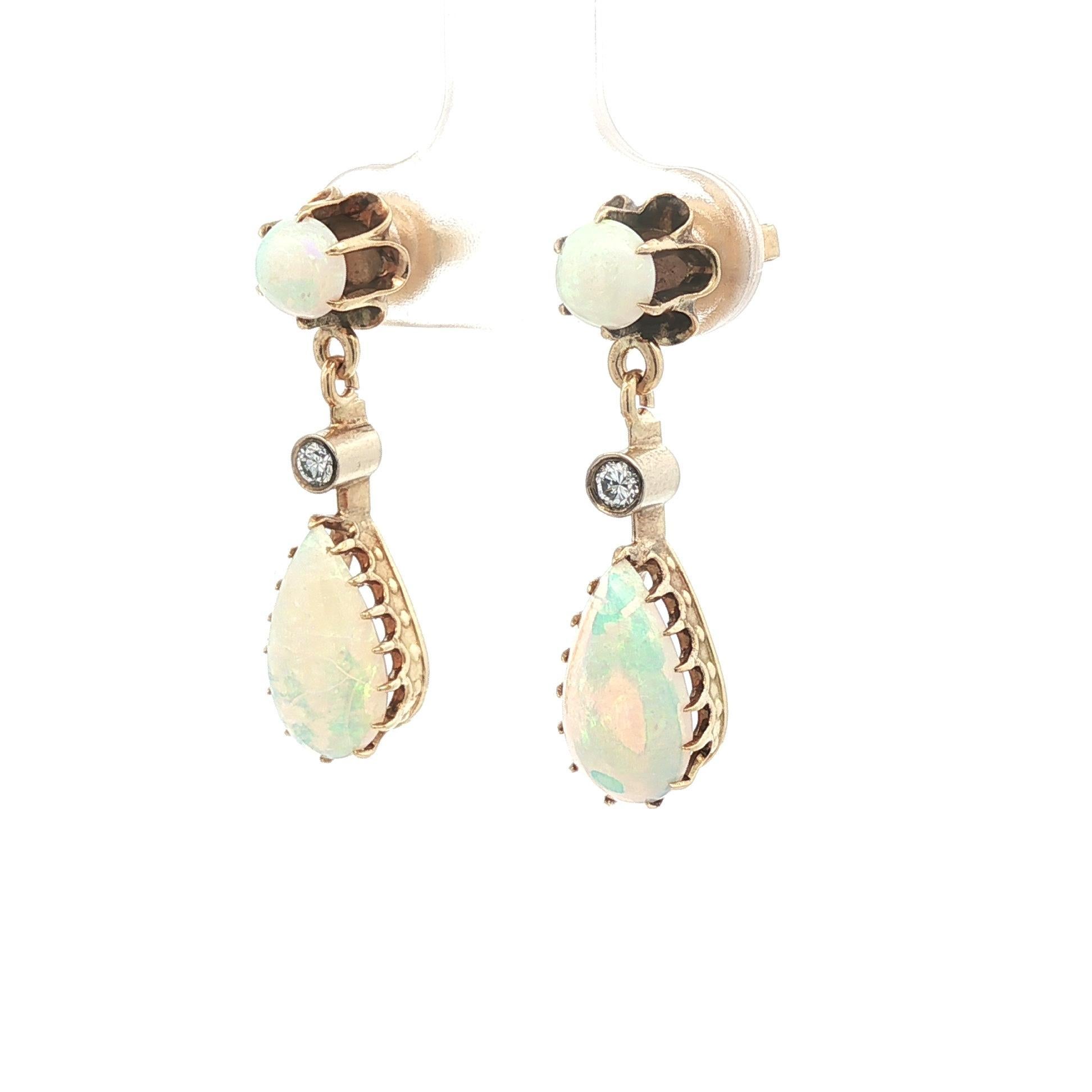 Cabochon Vintage Victorian Revival Yellow Gold Pear Opal w/ Diamond Drop Dangle Earrings For Sale