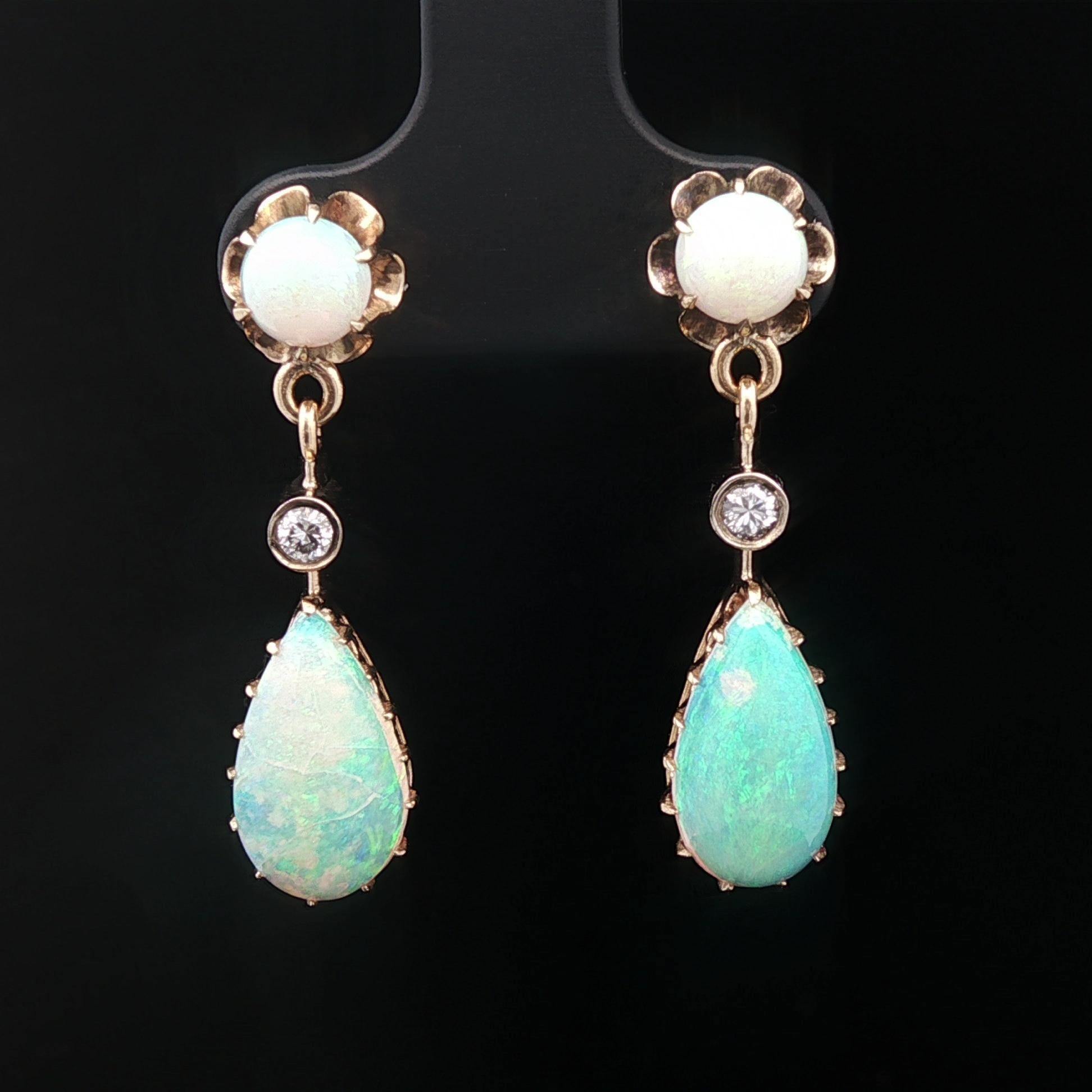 Vintage Victorian Revival Yellow Gold Pear Opal w/ Diamond Drop Dangle Earrings In Good Condition For Sale In Montclair, NJ