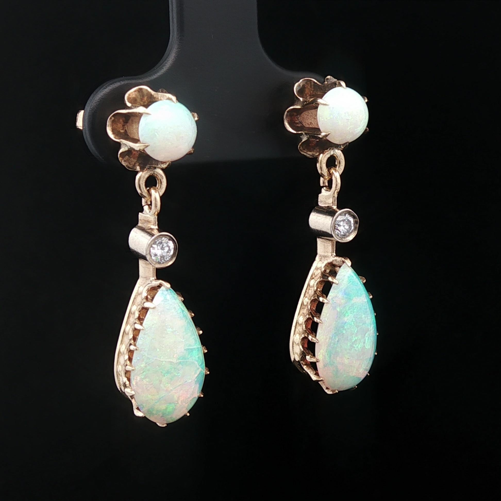 Women's Vintage Victorian Revival Yellow Gold Pear Opal w/ Diamond Drop Dangle Earrings For Sale