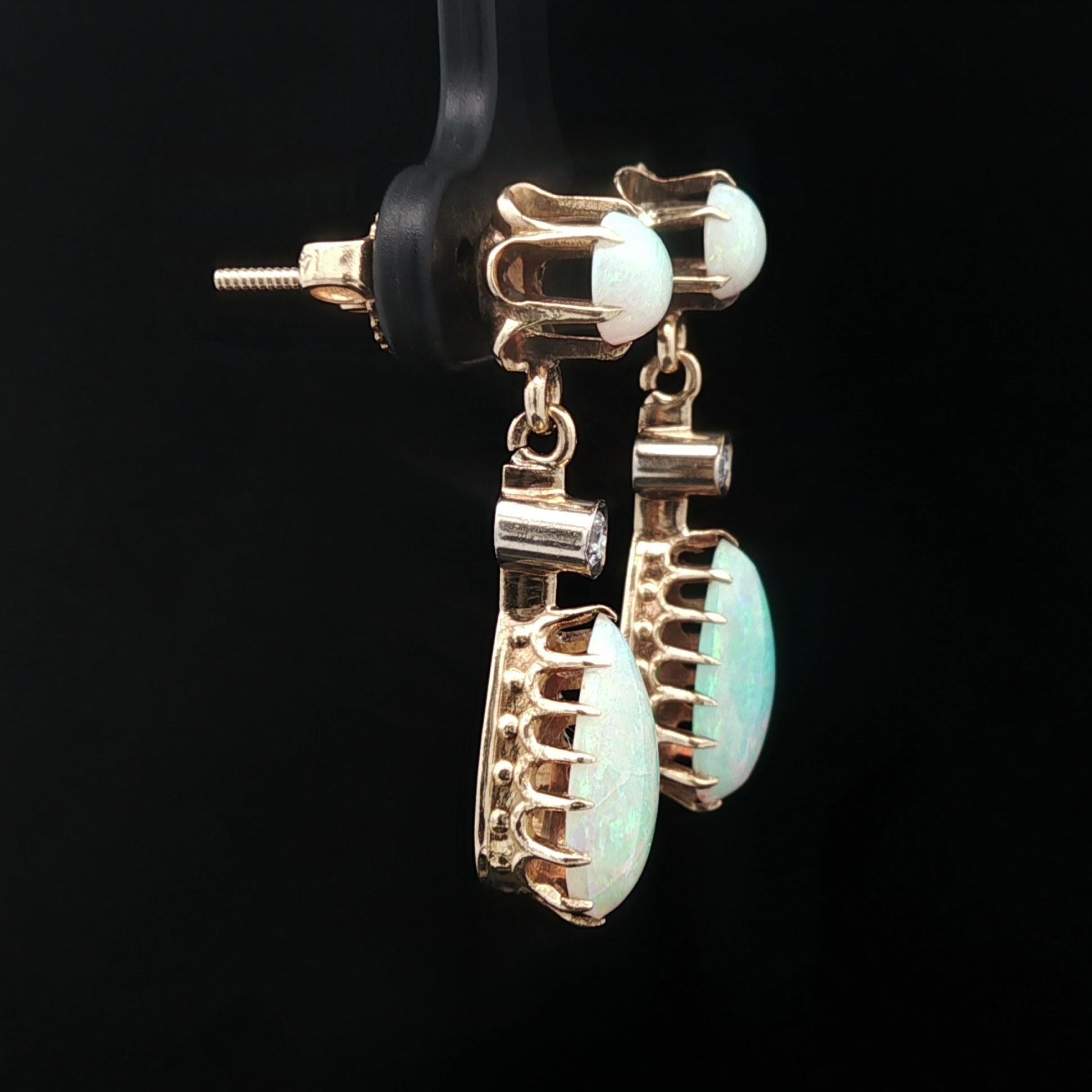 Vintage Victorian Revival Yellow Gold Pear Opal w/ Diamond Drop Dangle Earrings For Sale 1