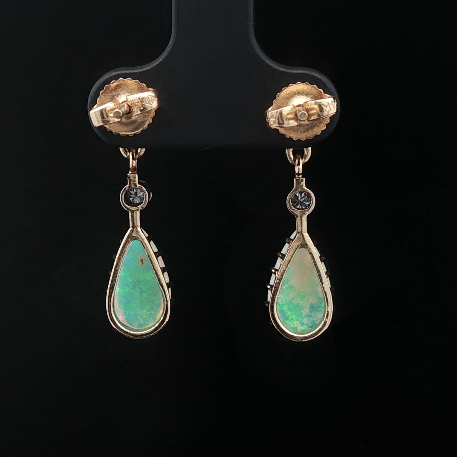Vintage Victorian Revival Yellow Gold Pear Opal w/ Diamond Drop Dangle Earrings For Sale 2