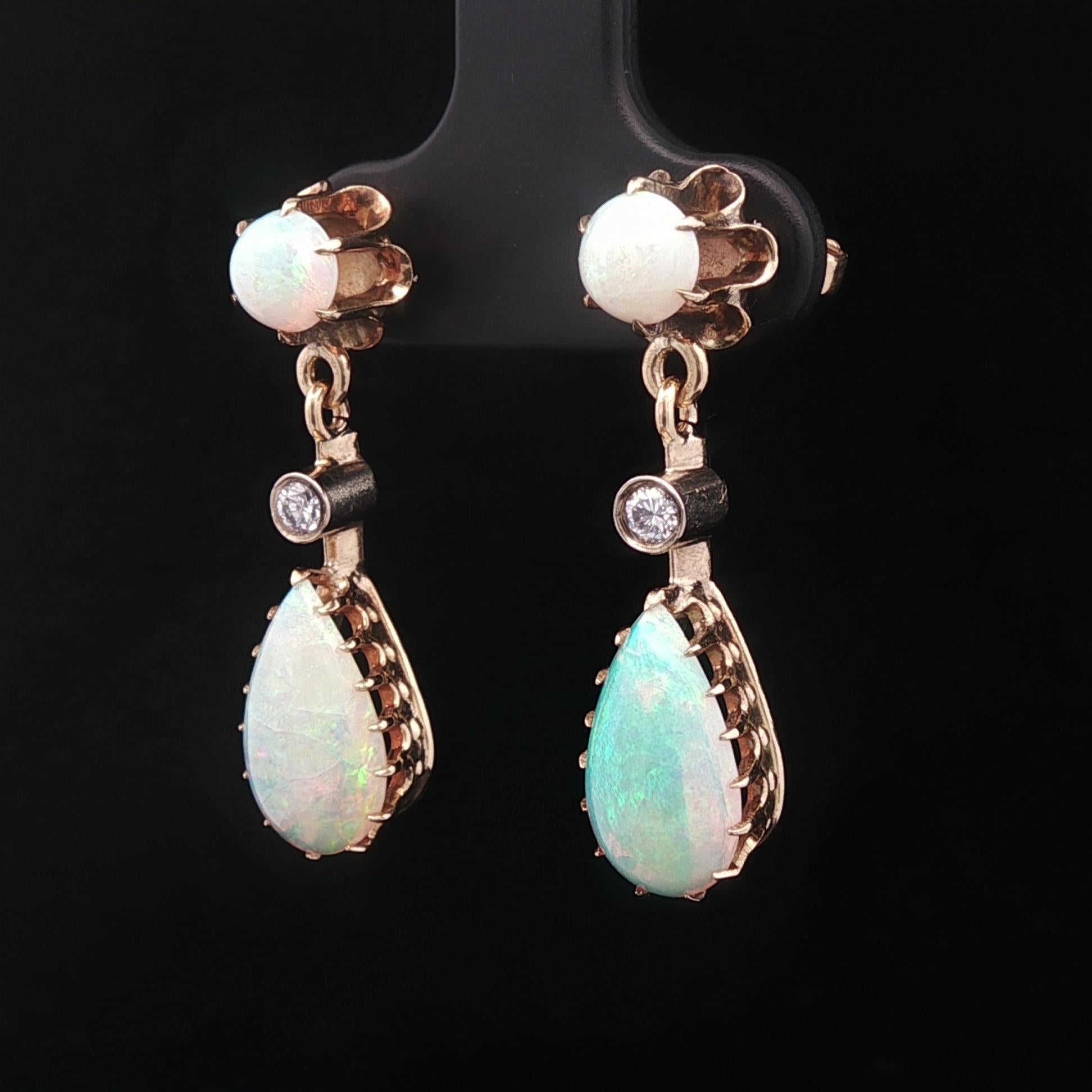 Vintage Victorian Revival Yellow Gold Pear Opal w/ Diamond Drop Dangle Earrings For Sale 3