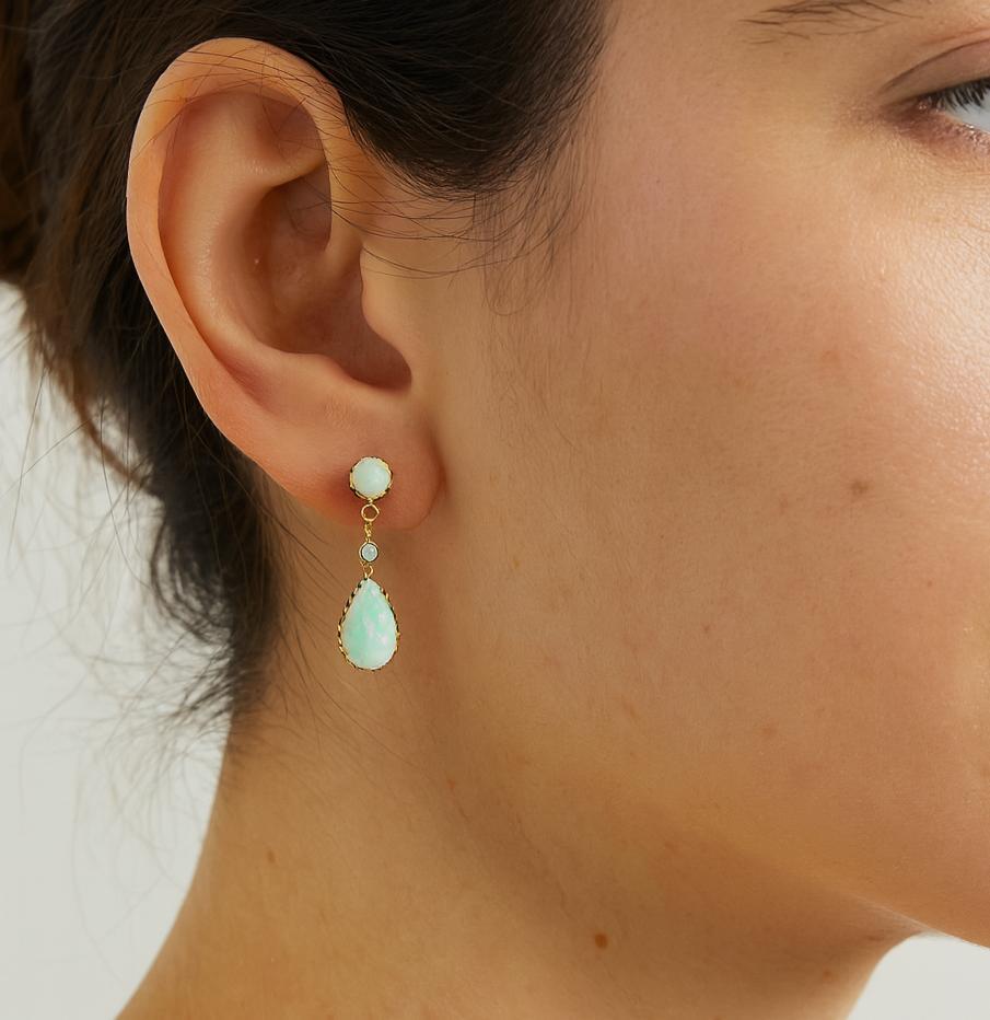 Vintage Victorian Revival Yellow Gold Pear Opal w/ Diamond Drop Dangle Earrings For Sale 4