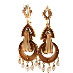 Vintage Victorian Revival Yellow Gold Pearl Wreath Beaded Dangle Drop Earring